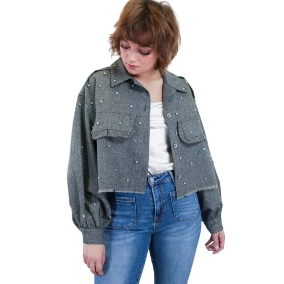 Vocal Embellished Shacket Womens Gray GLam Rock Contemporary Transitional NWT - Picture 11 of 11